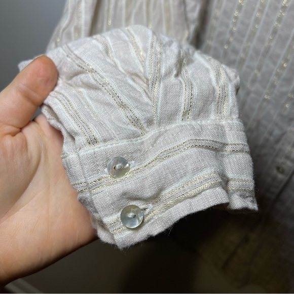 Jones & Co Women's cream metallic button down long sleeve linen blend top in 2X - Picture 5 of 7